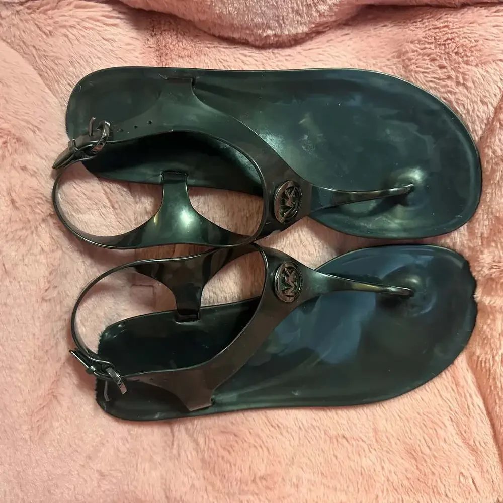 Michael Kors Black Jelly Thong Sandals with Gold MK Emblem - Picture 2 of 5